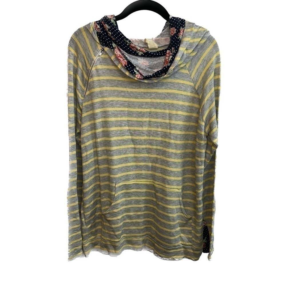 7th Ray Sweater Cowl Zip Hooded Long Sleeve Pullover Striped Floral Polka Dots L